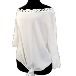 Chicme White Knot Hem Asymmetrical Neckline Flounce Sleeves  Blouse Medium